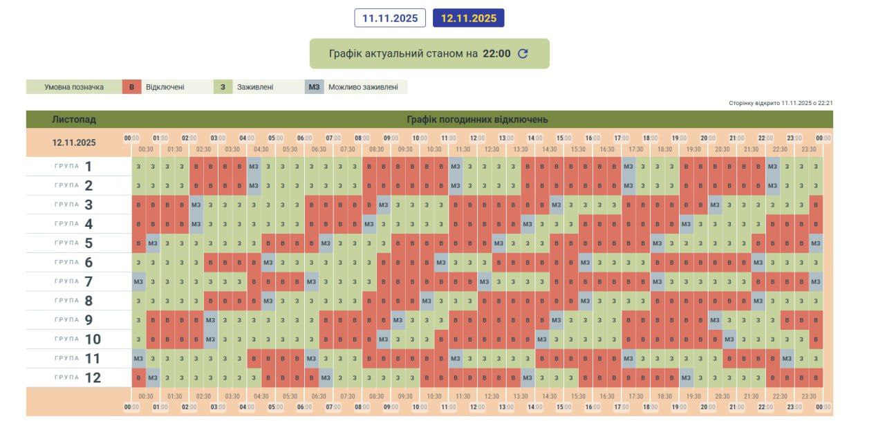 Графік відключень світла у Чернівецькій області на сьогодні, 12 листопада